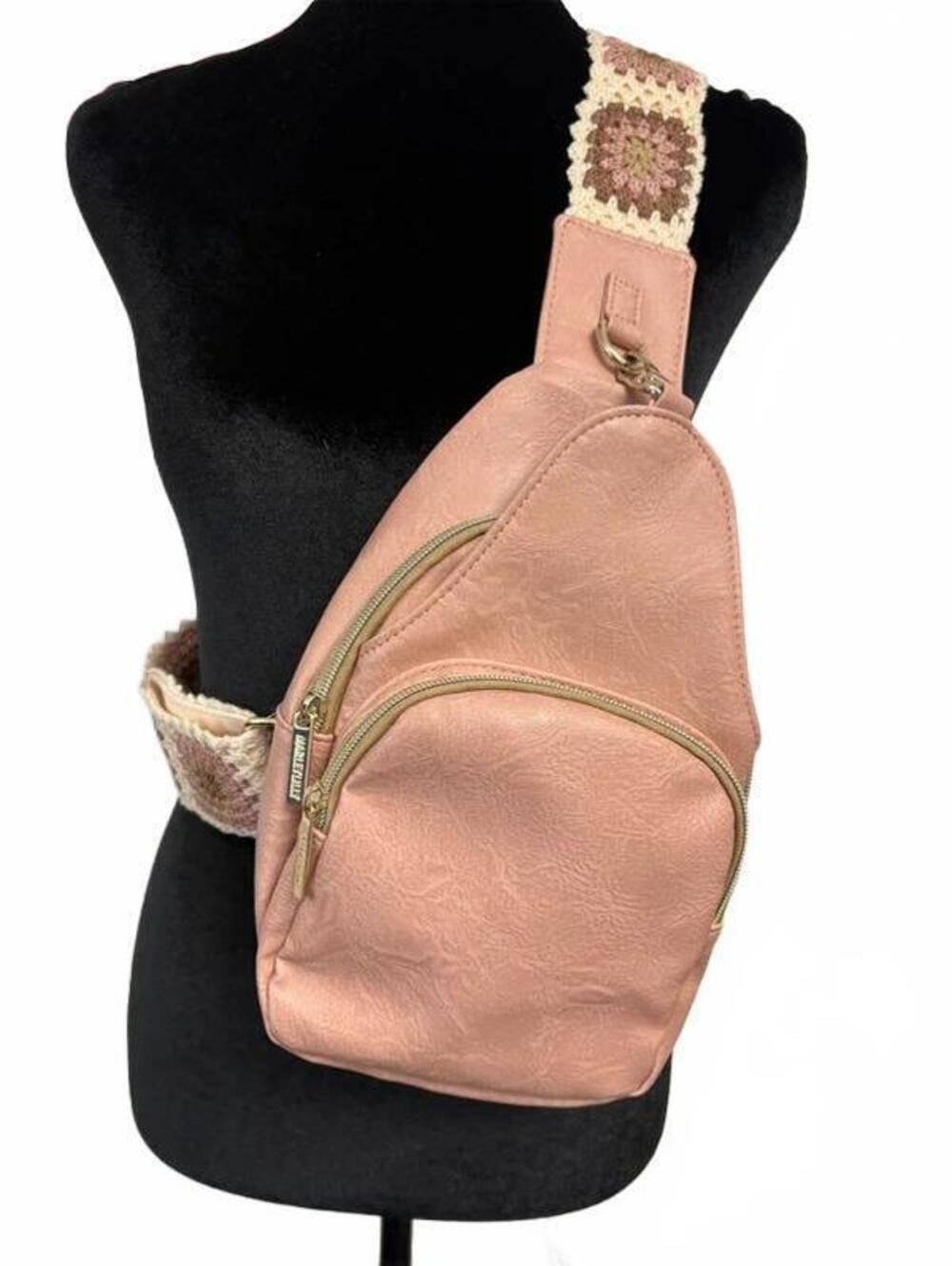 MarleyLilly Blush Pink Sling Backpack with Crochet Strap